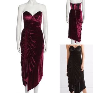 PREEN Burgundy Velvet Strapless Bustier Midi Dress